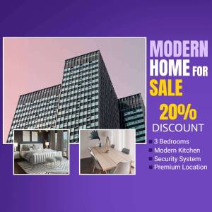 Real estate advertisement for a modern home with a 20% discount.