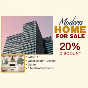 Advertisement for a modern home with a 20% discount.