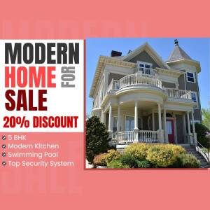 Image of a beautiful house with a 'For Sale' sign offering a 20% discount.