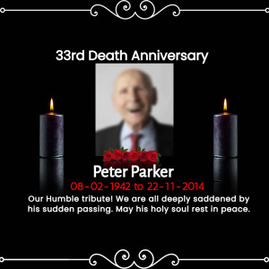 Memorial image for Peter Parker, featuring his portrait, candles, and roses.
