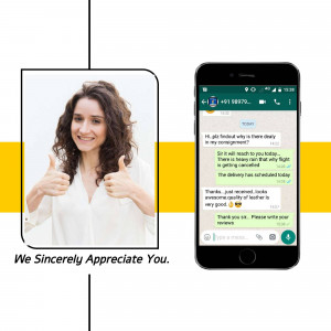 Woman giving thumbs up next to a phone displaying a delivery confirmation message.
