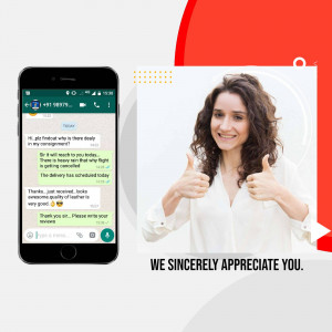 Woman smiling and giving thumbs up with a WhatsApp conversation screenshot showing positive feedback about a leather jacket delivery.