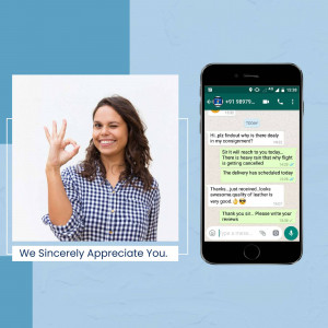 Woman giving an okay sign with a WhatsApp delivery confirmation on a phone.