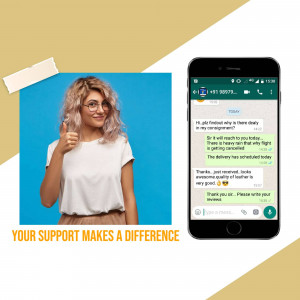 Woman smiling and giving a thumbs up next to a phone displaying a WhatsApp delivery confirmation message.