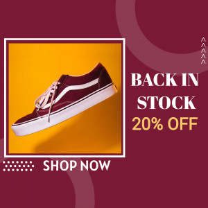 A maroon Vans shoe on a yellow background with a 'Back in Stock' promotion.
