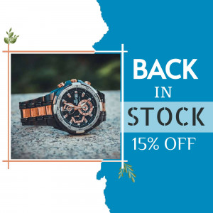 Close-up of a stylish men's watch with a promotion for being back in stock and a 15% discount.