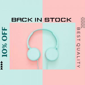 Mint green headphones on a pastel pink and blue background with sale promotion.