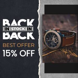Close-up of a Fossil watch with a brown leather strap, advertising a 15% off sale.