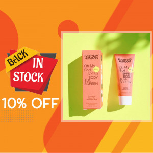 Everyday Humans Oh My Bod SPF 50 Sunscreen product shot with back in stock promotion.