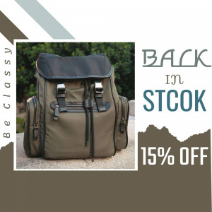 Olive green backpack with a promotional offer