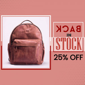 Brown leather backpack with 'Back in Stock' promotion