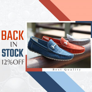 Pair of blue and red men's loafers with a 'Back in Stock' promotion.
