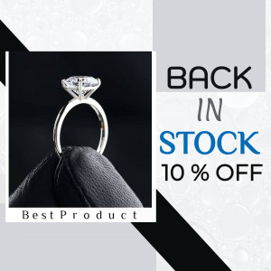Close-up of a diamond ring on a velvet cloth with a 'Back in Stock' promotion.