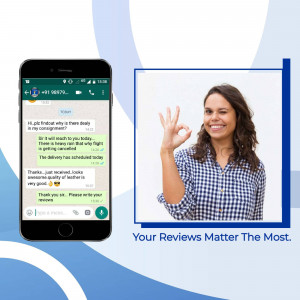 Screenshot of a WhatsApp conversation showing a positive customer review and delivery confirmation alongside a smiling woman giving a thumbs-up.