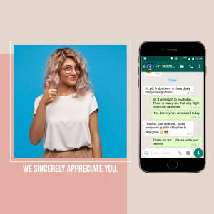 Woman giving a thumbs up next to a phone displaying a positive WhatsApp delivery confirmation message.