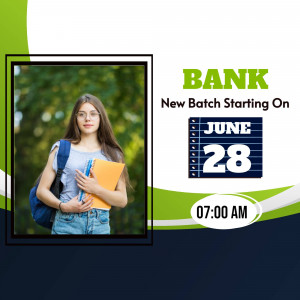 A young woman with books promoting a bank exam preparation batch starting June 28th.