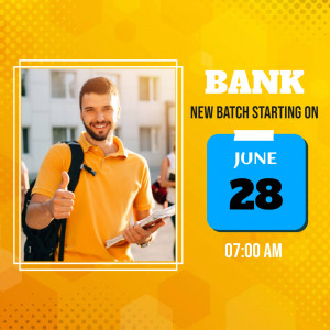 A promotional image for a bank exam preparation new batch starting on June 28th, featuring a smiling student giving a thumbs up.