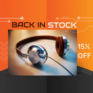 Silver and brown headphones with a 'Back in Stock' banner and 15% off promotion.