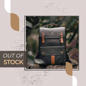 A gray and brown backpack with leather accents, displayed against a blurred green background with 'Out of Stock' text overlay.