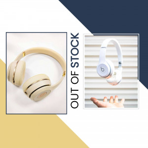 Cream colored Beats Solo3 wireless headphones displayed against a modern background.