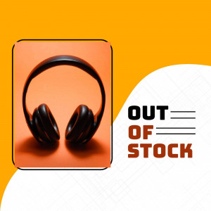 Black headphones on an orange background with 'Out of Stock' text