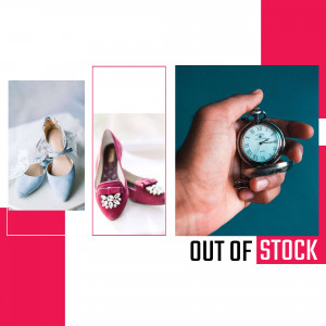 Collage of wedding shoes and a pocket watch with 'Out of Stock' text
