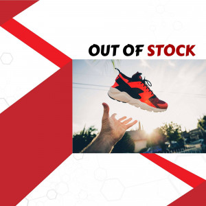 Image of a pair of red and black sneakers being tossed in the air with 'Out of Stock' text overlay.
