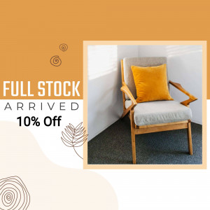Stylish wooden armchair with a mustard yellow cushion, promoting a 10% off sale.