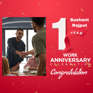 Image commemorating Sushant Rajput's one year work anniversary with a handshake and celebratory text.