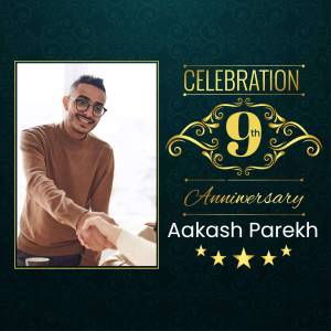 Aakash Parekh celebrating his 9th work anniversary with a handshake and celebratory design.