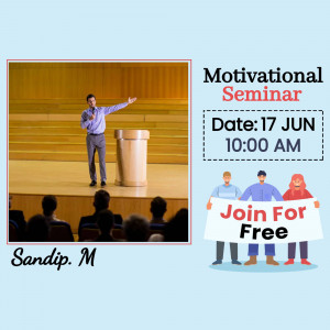A promotional image for a motivational seminar featuring a speaker and event details.