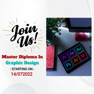 Graphic design course advertisement with laptop, design tools and 'Join Us!' text