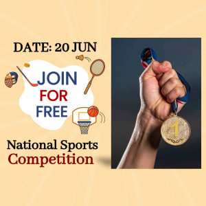 Poster advertising a free national sports competition with images of sports equipment and a winning medal.