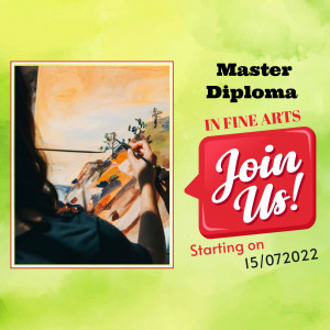 A person painting a landscape with a promotional graphic for a Master Diploma in Fine Arts program.