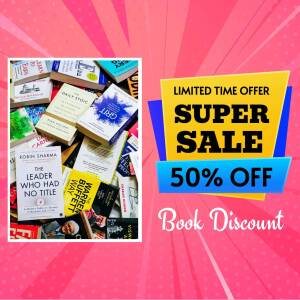 Image of a stack of books with a 50% off sale promotion.