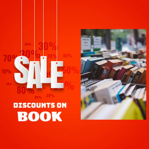 Image of books with a sale discount banner