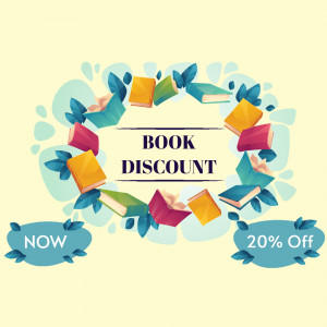 Illustration of books arranged in a wreath with a 'Book Discount' banner and a 20% off offer.