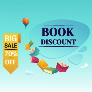 Image depicting a book discount sale with flying books and a 70% off banner.