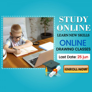 A young boy studying online with a laptop and drawing materials, promoting online drawing classes.