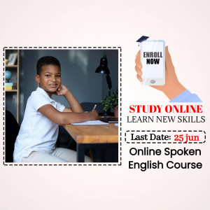 A young student studying with a phone displaying an 'Enroll Now' message for an online spoken English course.