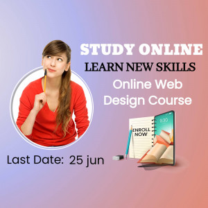 Woman thinking with laptop and study materials, promoting online web design course.