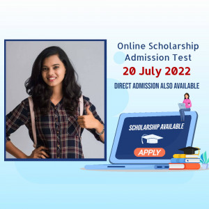 Image promoting an online scholarship admission test with a student and laptop.
