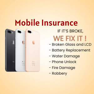Image of three iPhones with text advertising mobile insurance and repair services.