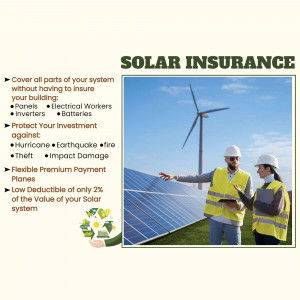Two technicians inspecting solar panels with a blue sky and wind turbine in the background, promoting solar insurance.