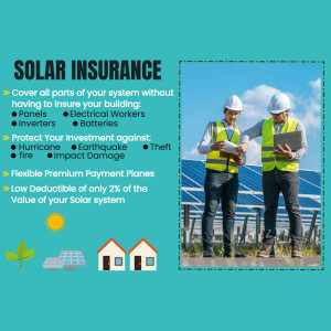 Two workers inspecting solar panels with a laptop, promoting solar insurance.