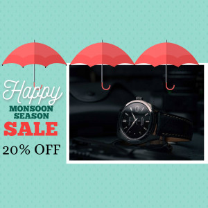 Monsoon sale advertisement featuring a watch and red umbrellas