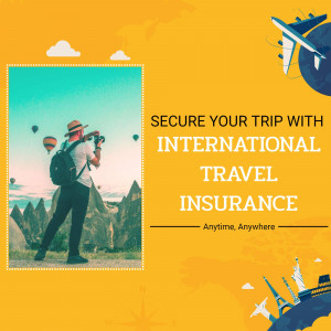Travel insurance advertisement featuring a traveler with a camera.