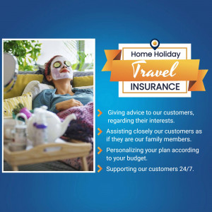 Woman relaxing with a face mask and travel insurance advertisement