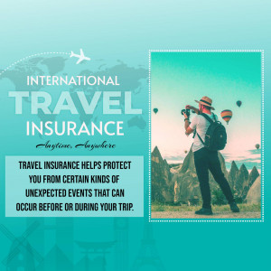 Image depicting a traveler with a camera and text promoting international travel insurance.