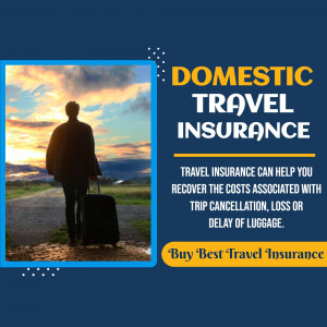 Image promoting domestic travel insurance with a person looking at a sunset.